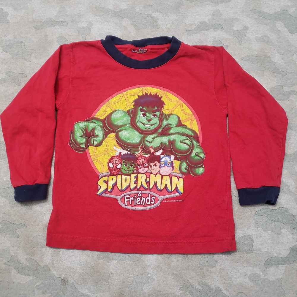 Vintage Spider Man Friends Marvel Shirt Youth Medium Red Pullover Hulk Ringer